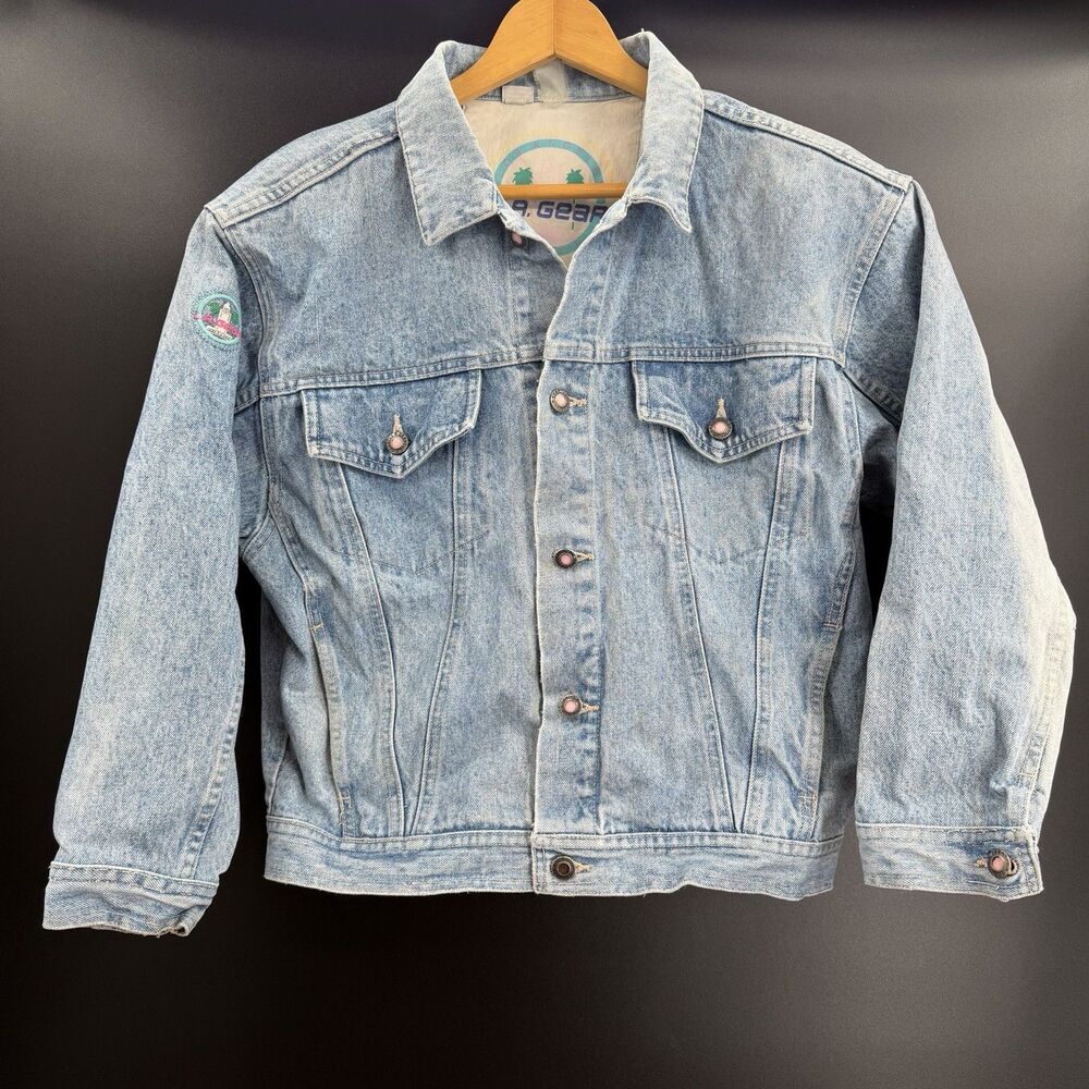 Vintage LA Gear Original Denim Jean Jacket Size Small Patches Gems Cropped